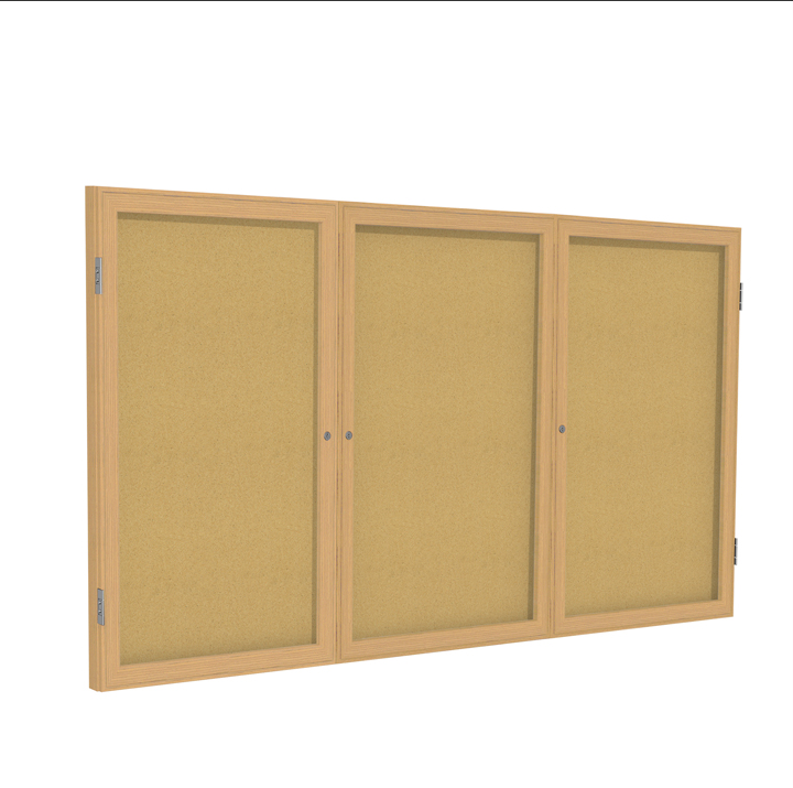 WOLF4872 - 48" x 72" 3 Door Oak Woodframe Enclosed Corkboard - Click Image to Close